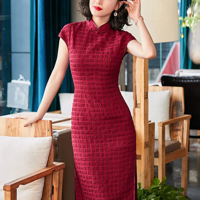 Женское платье Чонсам красного цвета сексуальное с высоким вырезом традиционный