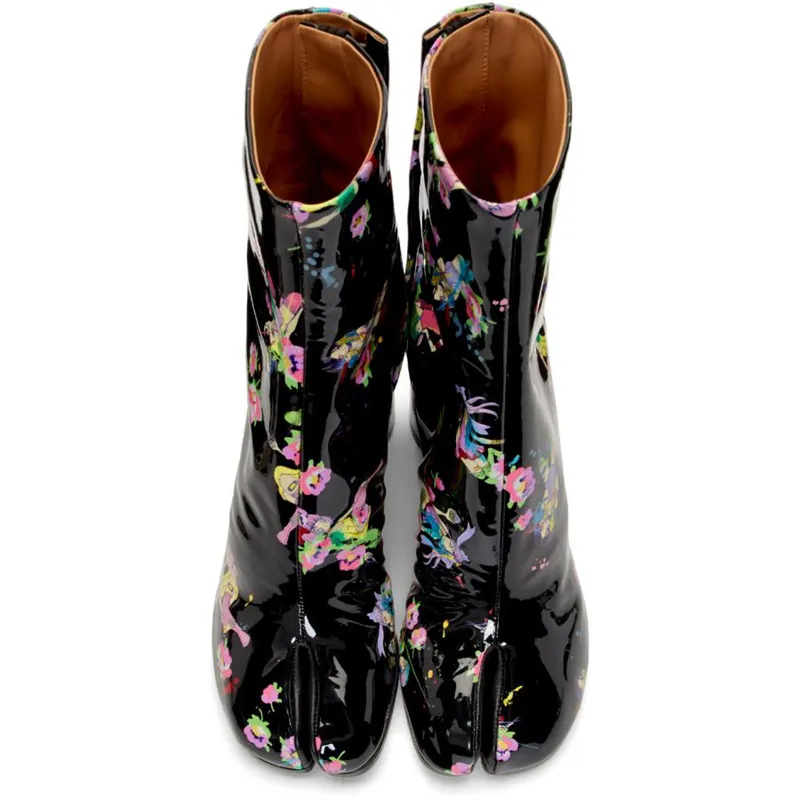 Runway Print Genuine Leather Split Toe Ankle Boots Woman Chunky High Heel Women Boots Black Roman boots zapatos de mujer