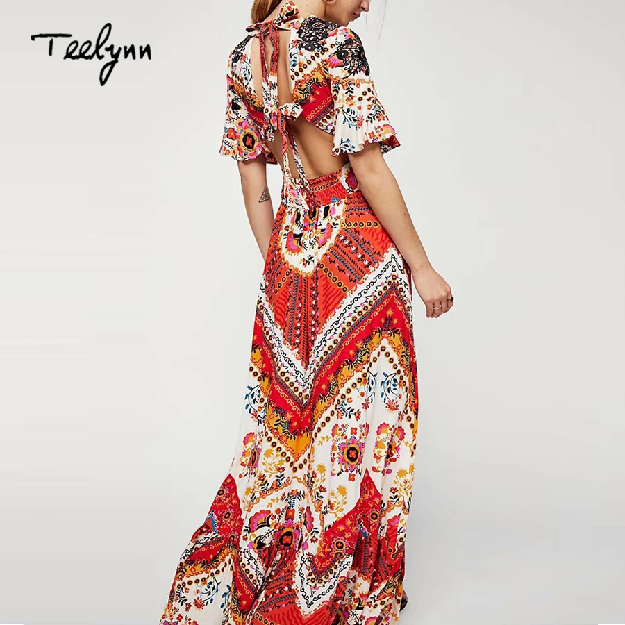 Женское платье с цветочным принтом TEELYNN Красное Длинное пляжное глубоким вырезом