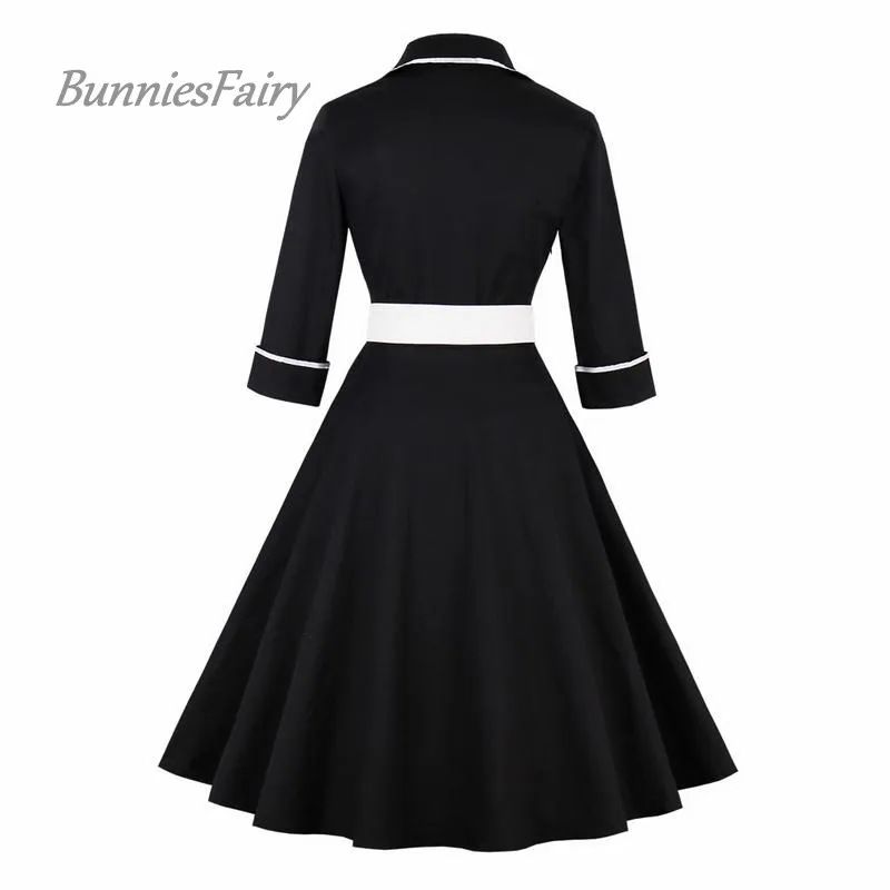 2018 New Arrival Vintage Style Dresses Women Three Quarter Sleeve Print Turn-down Neck Female Elegant | Женская одежда