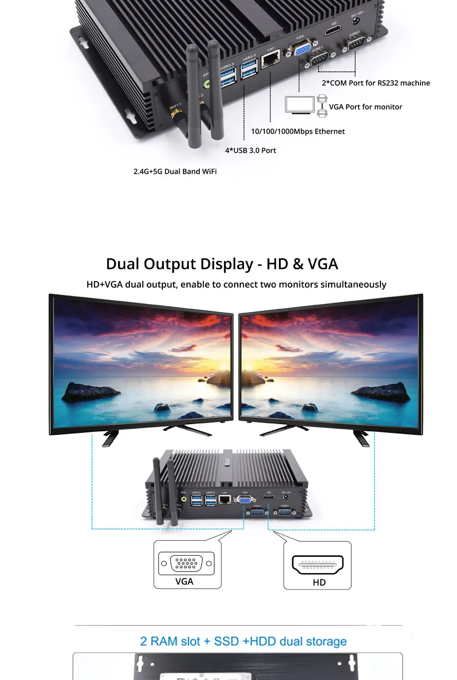 Безвентиляторный промышленный Мини ПК Core i7 4500U Core i5 5250U Core i3 5005U minipc dual lan дешевый celeron 1037U i5 мини ПК Windows XP