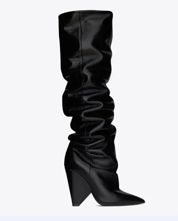 Черный BuonoScarpe Leather Knee High Boots Woman Pointed Toe Strange High Heel Shoes Women Chic Spike Heel Long Pleated Boots New - Цвет: Черный