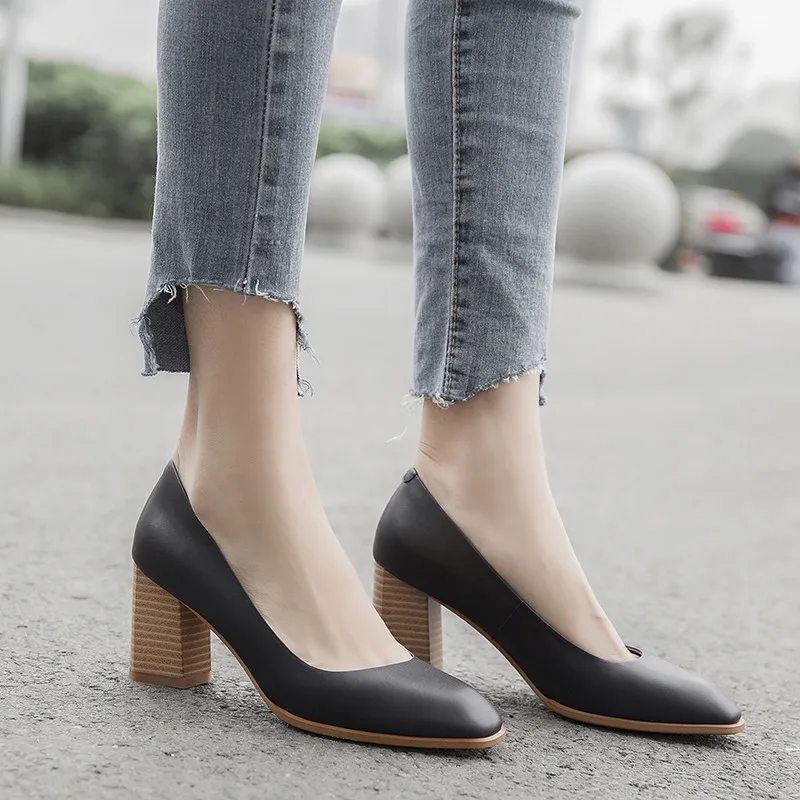 

ASUMER 2021 new pumps shoes women square toe shallow genuine leather shoes thick high heels shoes elegant prom wedding shoes