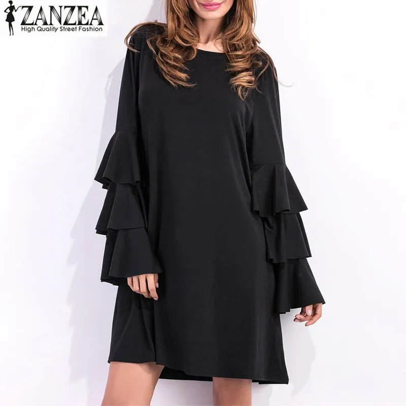 Elegant ZANZEA элегантные женские длинные расклешенные рукава мини платье