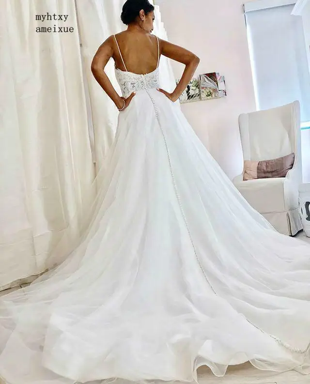

African Sexy Cheap Wedding Dress 2020 White Spaghetti Straps Tulle Boho Dresses Plus Size Backless Beach Gowns With Lace Button