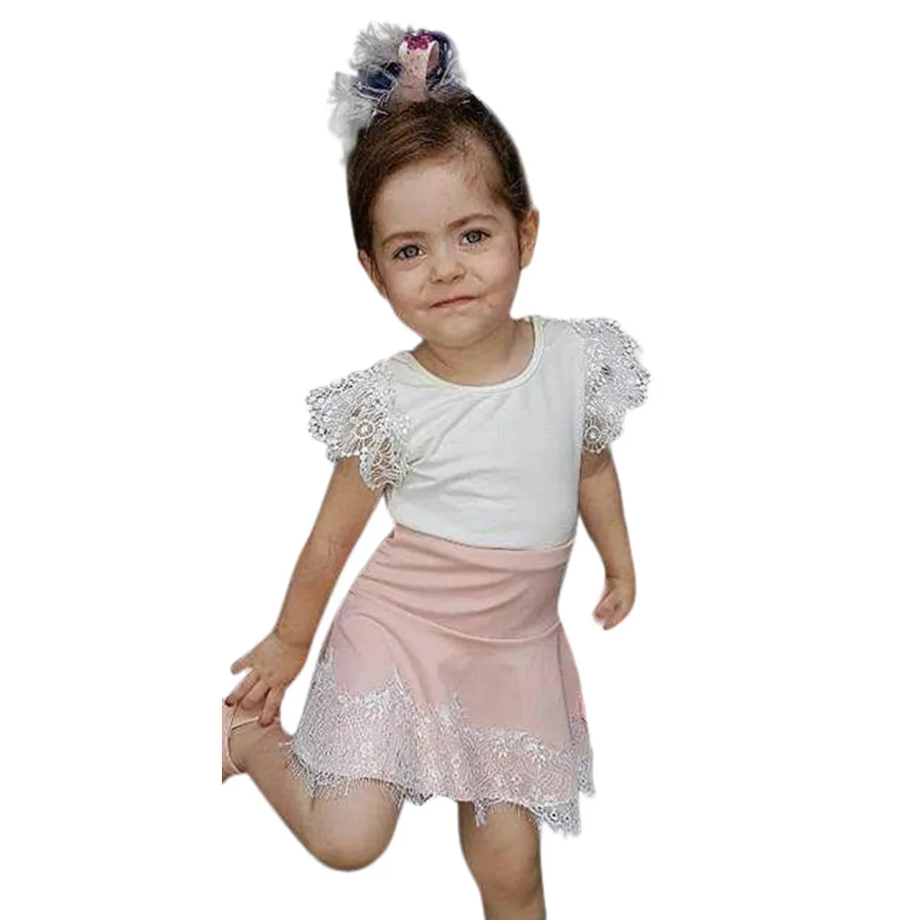 Новинка 2019 модная Кружевная футболка с бантом для маленьких девочек комплект