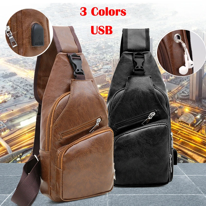 Мужская нагрудная сумка из кожи с USB портом для зарядки|Сумки-кроссбоди| |
