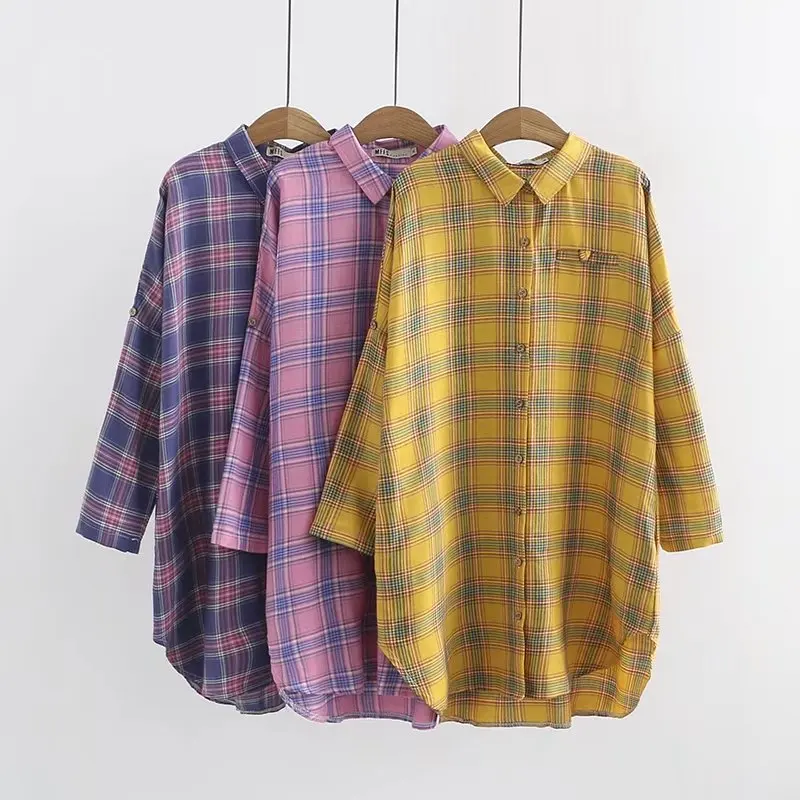 Женская свободная рубашка 3XL 6XL Повседневная Длинная клетчатая большого размера