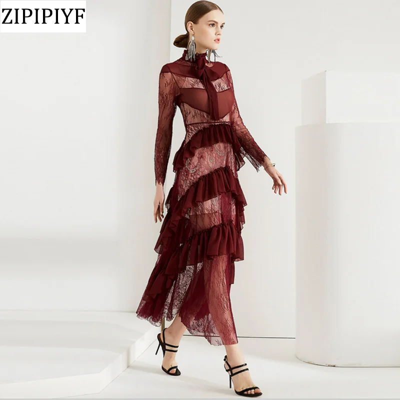 Zipipiyf 2017 Винтаж Демисезонный красный Кружево выдалбливают с длинным рукавом
