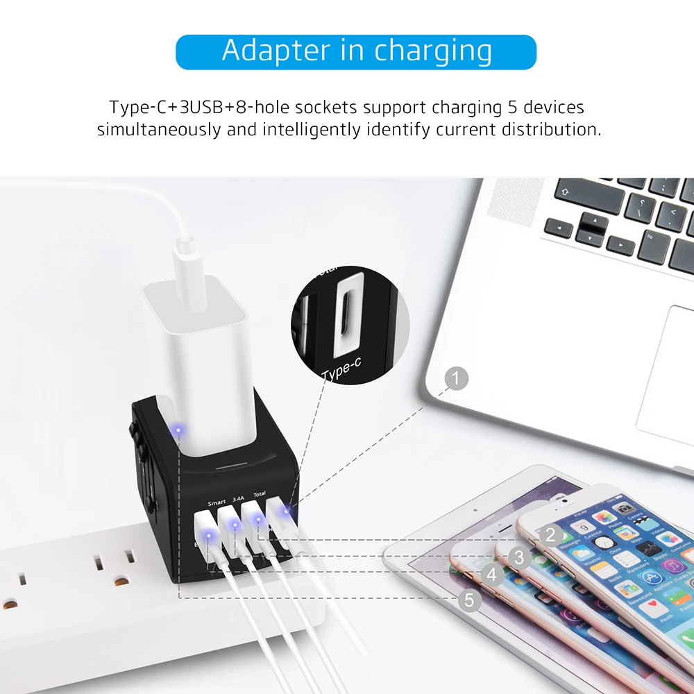 TENACHI адаптер для путешествий с 3 USB зарядным устройством и type C универсальный адаптер для путешествий для ЕС, США, Великобритании, Австралии