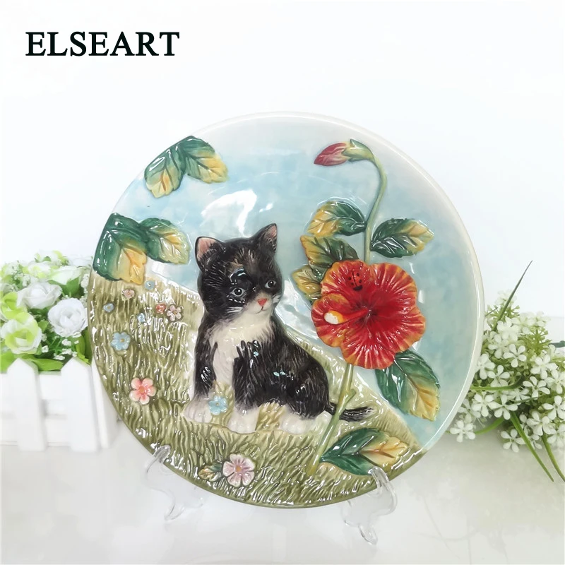 Керамическая тарелка с изображением котенка тутового цветка фарфоровая висящая