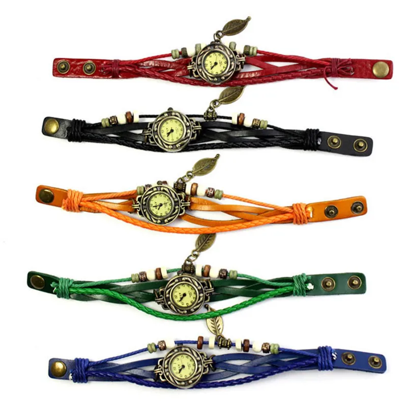 Новинка 6 шт. женские часы винтажный браслет наручные с подвеской в виде листа для