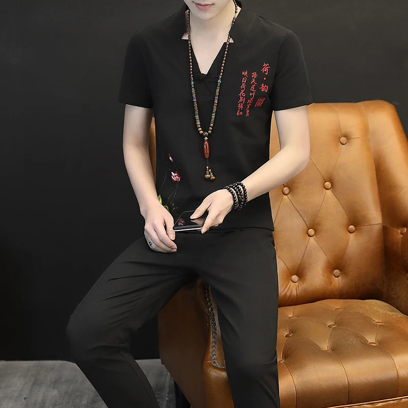 Летний хлопковый и льняной костюм модная Мужская льняная футболка с коротким