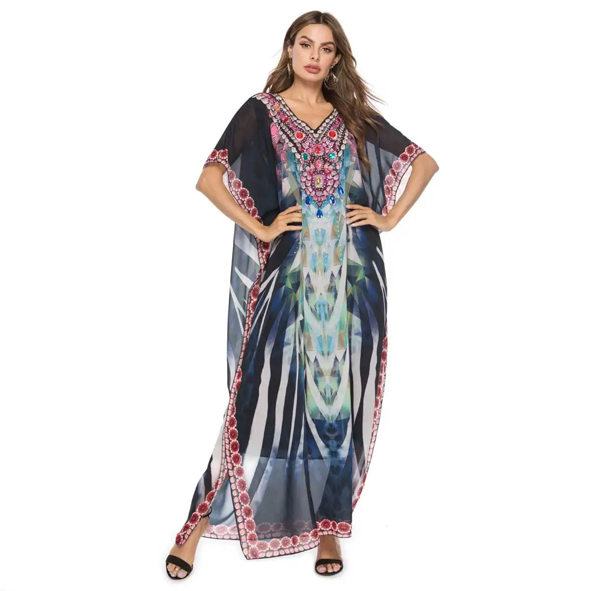 2021 в богемном стиле бриллиантов Бисер рукав &quotлетучая мышь&quot шифоновое платье