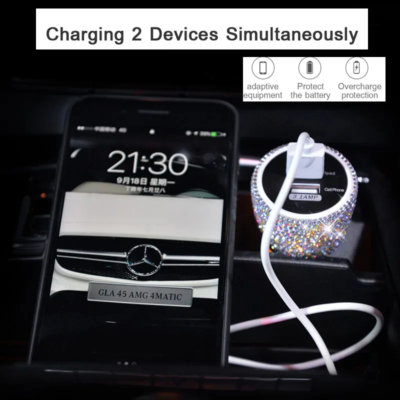 Автомобильное зарядное устройство с двумя usb-портами 3,1 А, автомобильный прикуриватель со стразами, универсальный автомобильный держатель для телефона, usb-кабель для передачи данных, отображение напряжения