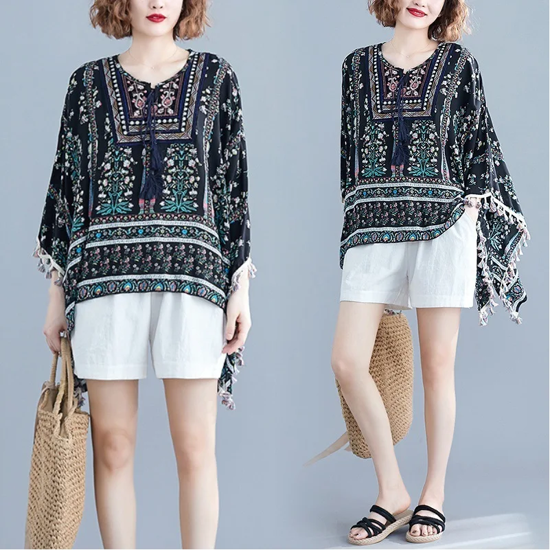 Летняя футболка Женская vogue Футболка с принтом богемные кисточки свободные