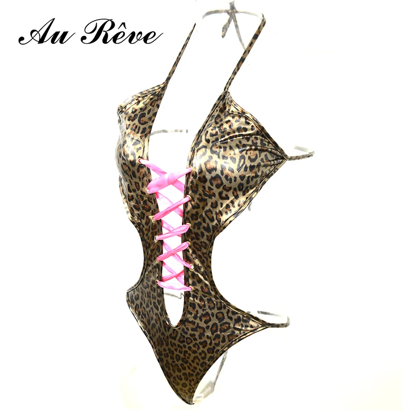 Au Reve Сексуальные Женщины Leopard Печати Комбинезон ПУ Кожа Латекс Винил Танца на