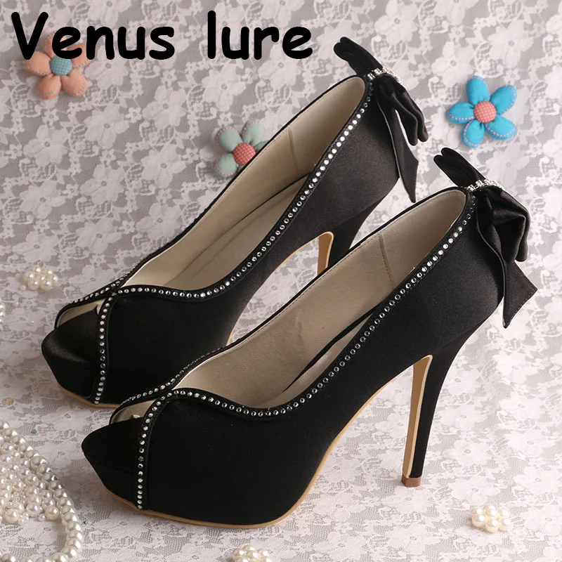 

Black Womens Wedding Dress Shoes with High Platform Bow Party Peep Toe