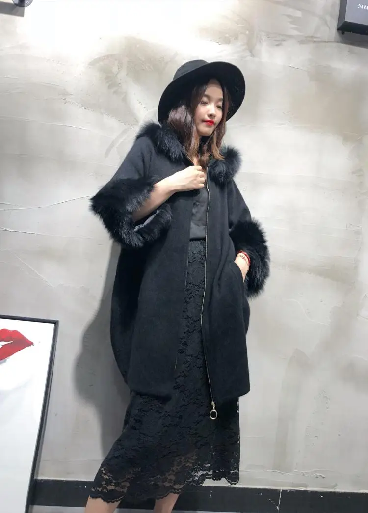 2019 Women knitted mink cashmere sweater with big fox fur sleeve hood ladies fashion batwing coat zip |