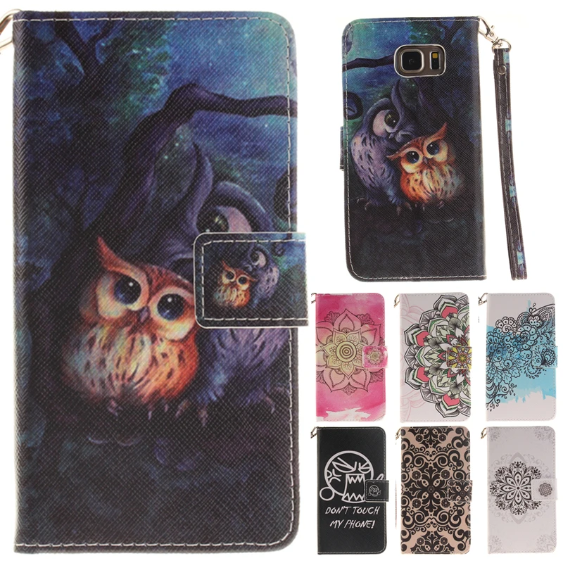 Кожаный чехол книжка с милым мультяшным рисунком Совы и цветов флип для телефона
