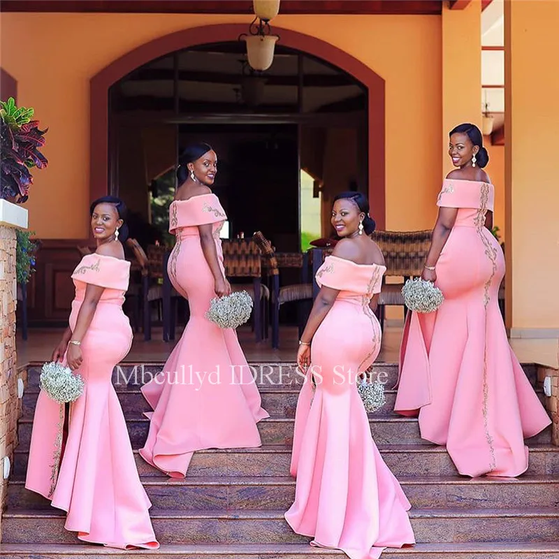 

African Mermaid Bridesmaid Dresses Long 2021 Applique Lace Pink Maid Of Honor Dress For Women Cheap Plus Size Wedding Guest Gown