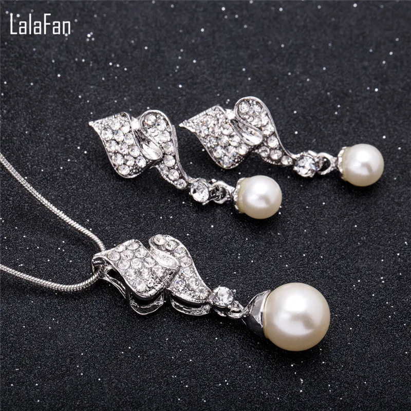 Bijoux Accessories Platinum Color CZ Artificial Pearl Flower Women Necklace + Earrings Wedding Jewelry Sets For Brides C027 | Украшения и