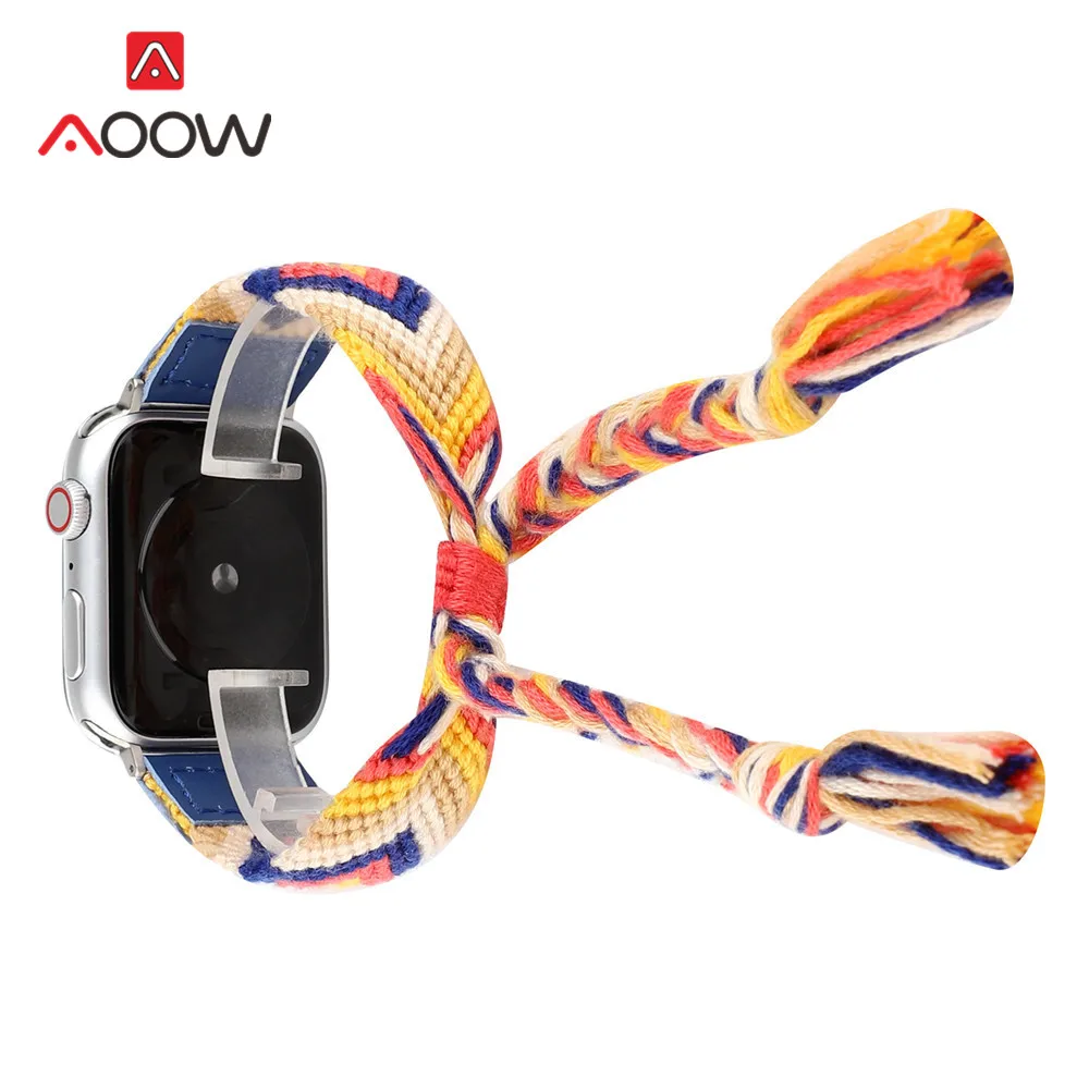 Красочная плетеная веревка ремешок для наручных часов Apple Watch 40 мм 44 мм, 38 мм, 42 мм, в народном стиле Стиль регулируемый браслет ремешок для наручных часов iWatch, версия 1, 2, 3, 4 года