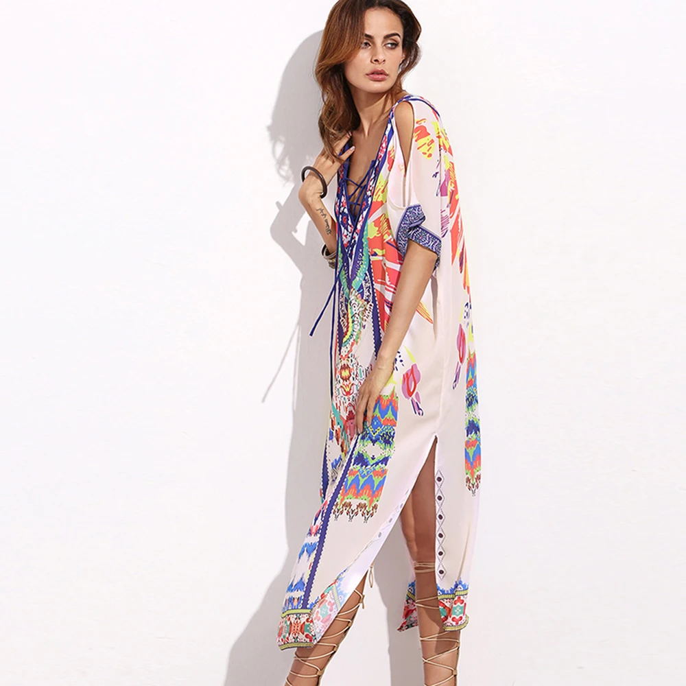 Платье женское длинное с открытой спиной V-образным вырезом и принтом | Женская