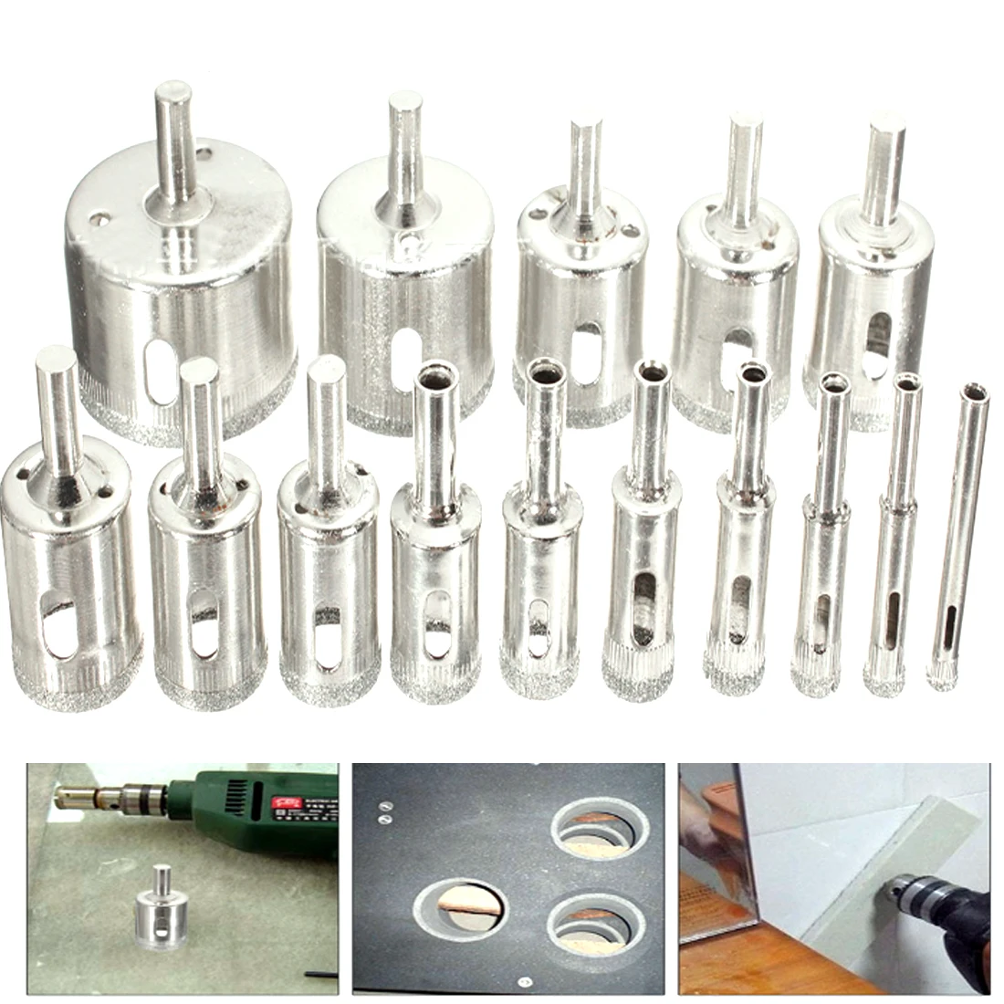 

15pcs Diamond Coated Drill Bit Set Tile Marble Glass Ceramic Hole Saw Drilling Bits For Power Tools 6mm-50mm