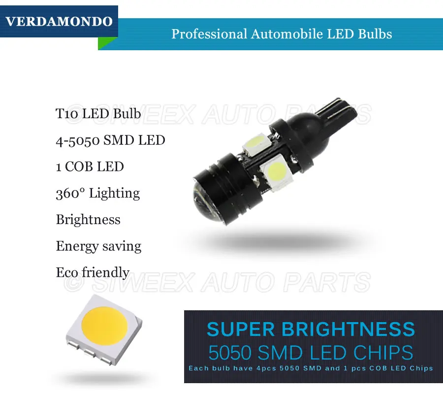Автомобильные аксессуары T10 W5W 168 192 розетка 4 SMD 5050 Светодиодная лампа 12В Хвостовая