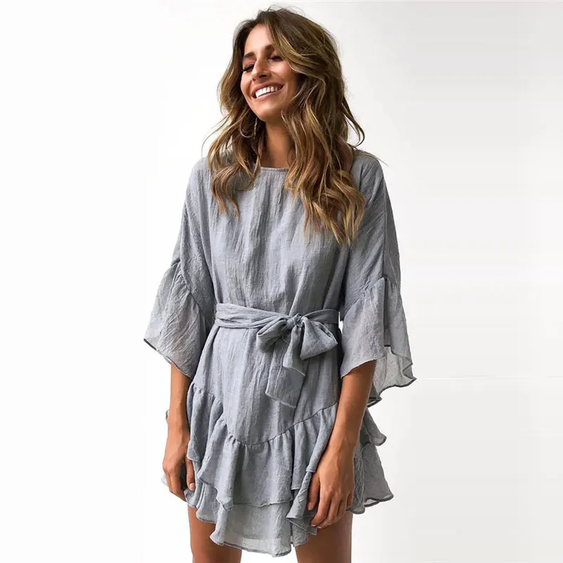 Summer Dress New Women Sweet Pleated Fashion Solid Petal Sleeve Trend O-Neck Three Quarter | Женская одежда
