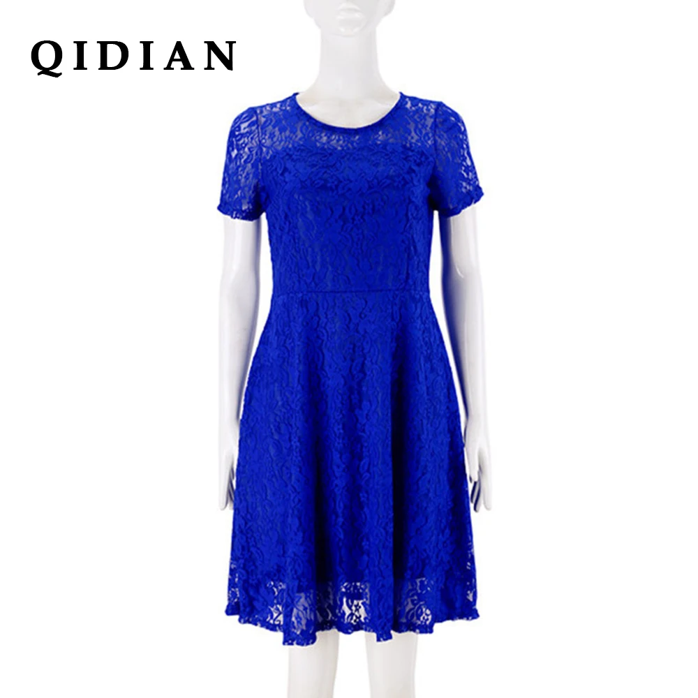 QI DIAN 6XL Plus Size Dress Fashion Women Elegant Sweet Hallow Out Lace Sexy Party Princess Slim Summer Dresses Vestidos | Женская