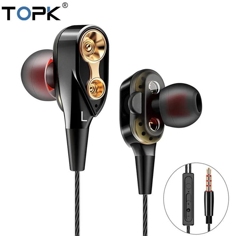 Проводные наушники TOPK для телефона с двойным драйвером Hi Fi стерео вкладыши 3 5 мм