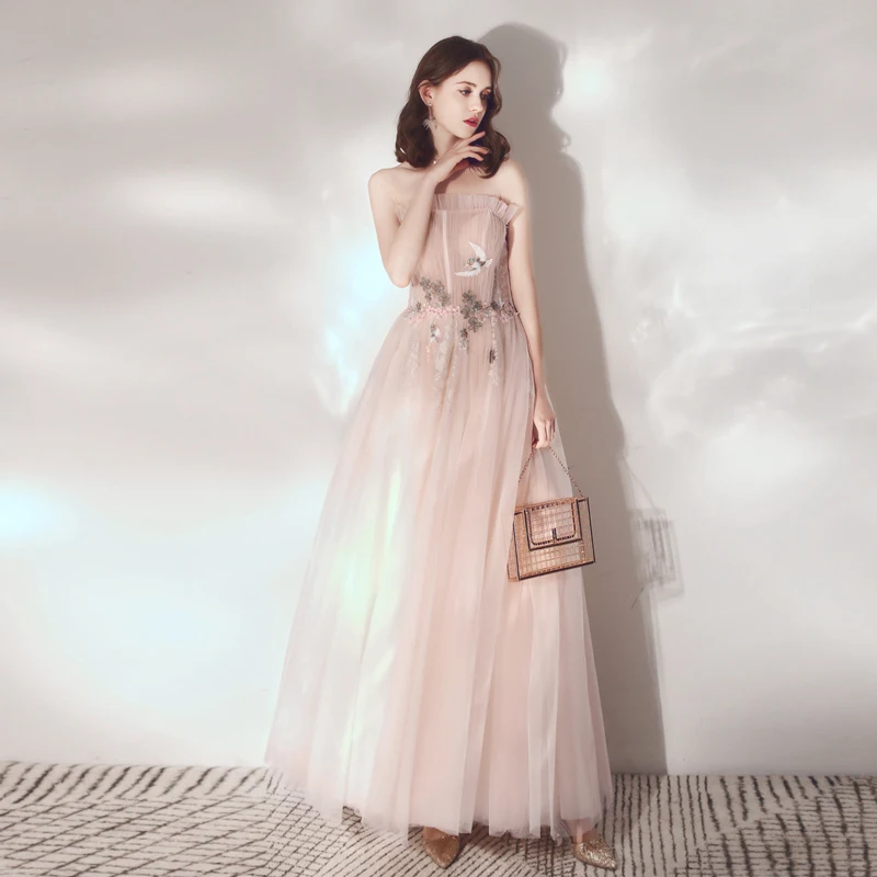 SSYfashion/Новинка элегантные светло розовые вечерние платья без бретелек с вышивкой