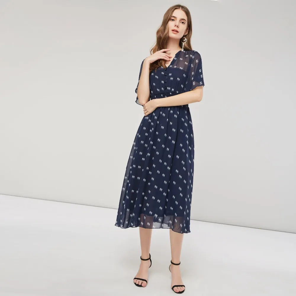 Для женщин летние платье с рукавом рюшами V шеи Boho Повседневный шифоновый пляжный