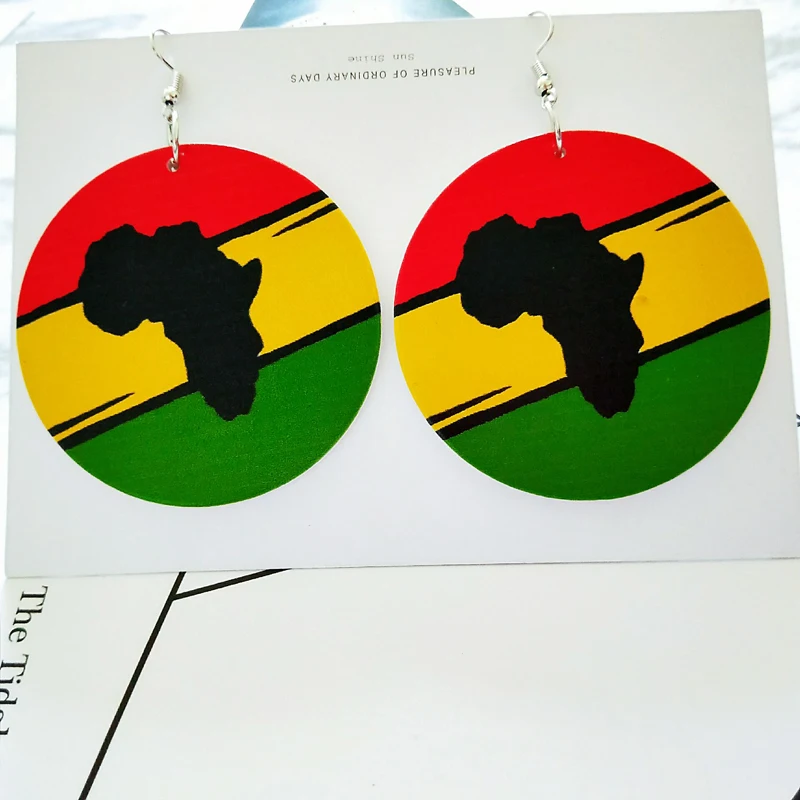 Красочная деревянная роспись круглая карта Африки серьги-капли ретро ручная