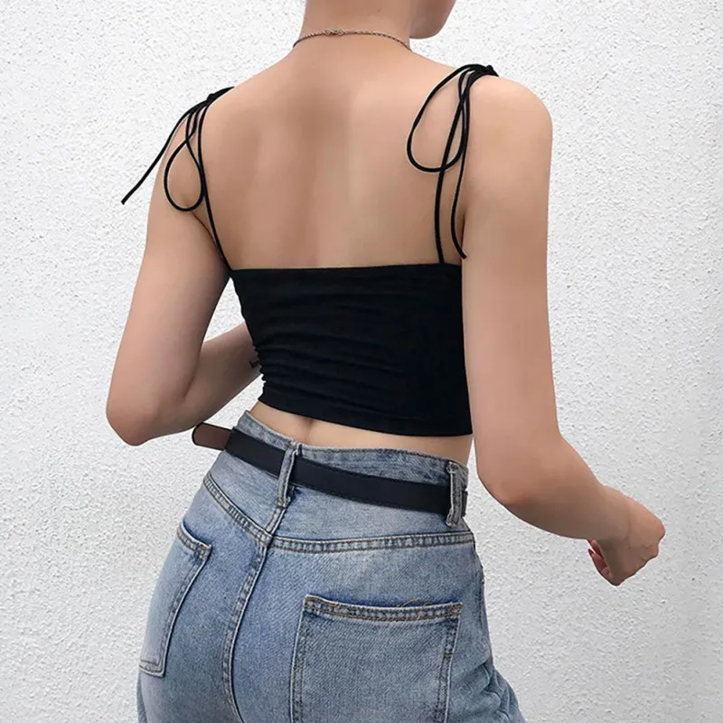 2020 Summer Women's Elegant Fashion Design Sexy Sleeveless Spaghetti Strap Print Off Shoulder Lace Up Crop Top Knitted Camisole |