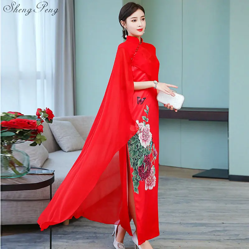 

2019 Cheongsam red Long Qipao Dresses Women Chinese Traditional Clothing Sexy Oriental Dress Retro Dressing Gown V1546