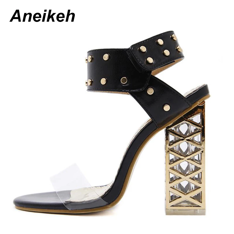 Aneikeh/Новые босоножки; Летняя обувь; коллекция года; пикантные женские босоножки на высоком каблуке с открытым носком из ПВХ и кристаллами; Цвет черный, белый; размеры 34-40; 923-9
