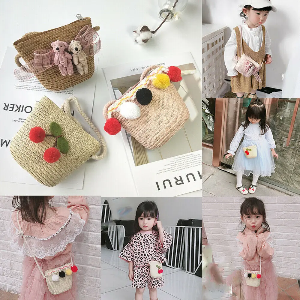 Милая соломенная сумка для девочек через плечо из ротанга Детская Kawaii летняя