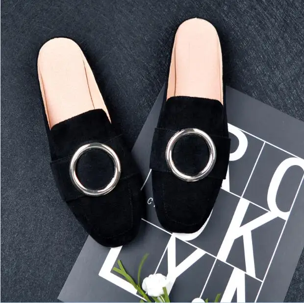 Black COOLSA/женские летние туфли без задника на плоской подошве в стиле ретро; Повседневная обувь без задника; замшевые сандалии с металлической пряжкой; ; большой размер 11 - Цвет: Black