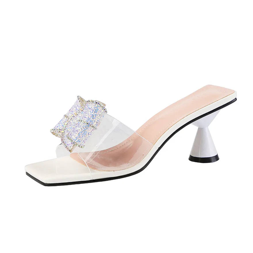 Женские шлепанцы с бантом элегантные прозрачные туфли на высоком каблуке
