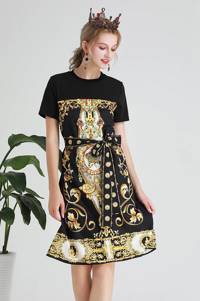 

MIUXIMAO 2019 Fall Casual Dress Fashion A-Line O-Neck Diamonds Tank Flower Print Above Knee Dress Women vestidos With Belt