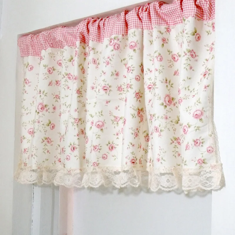 Короткие шторы кухонные занавески розового цвета с цветочным принтом пельмет