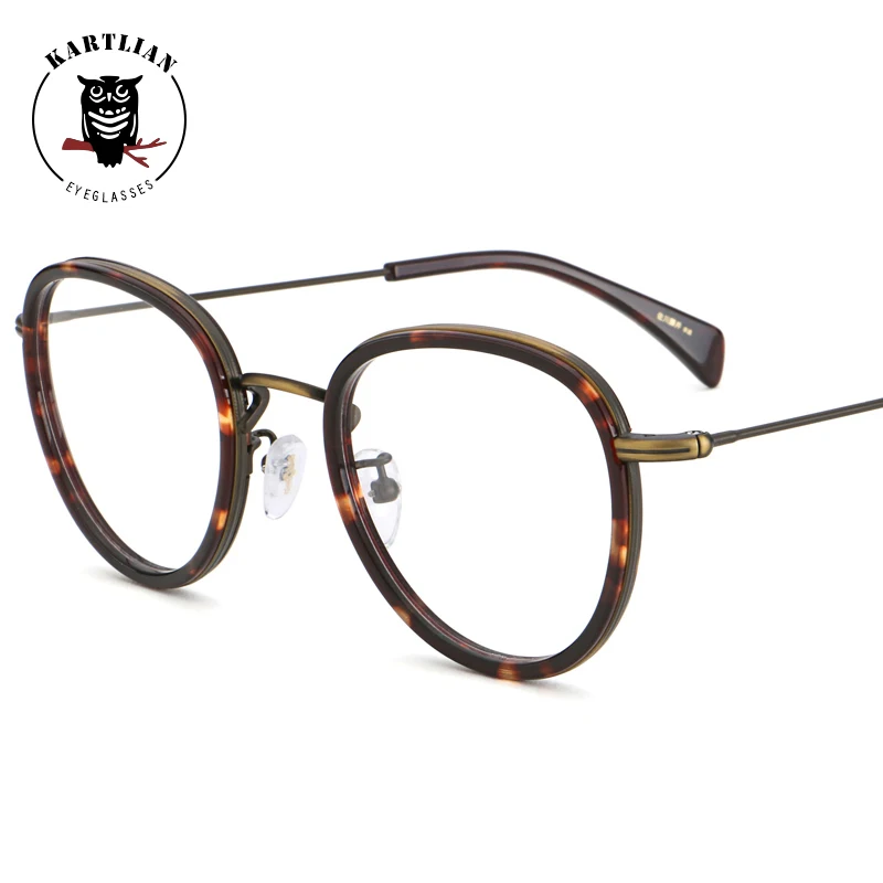 Kartlian оптический Рамки очки круглые Glasse объектив линзами сплава ацетат ретро
