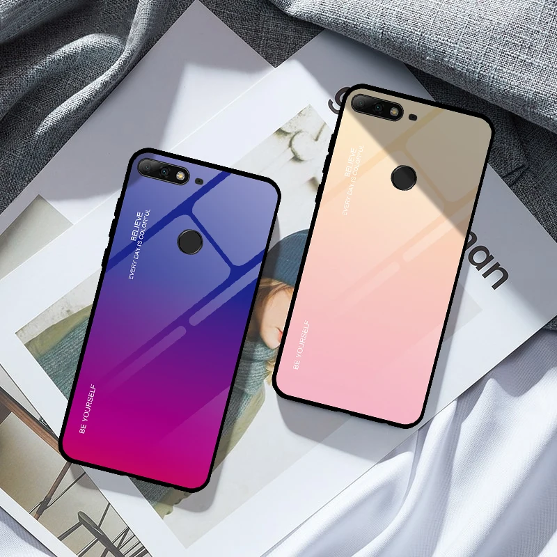 

Gradient Phone Case For Honor 7A RU 5.45 7A Pro 7C Pro 5.99 Tempered Glass Case For Huawei Y9 Y6 Prime 2018 Y7 Prime 2019 Cases