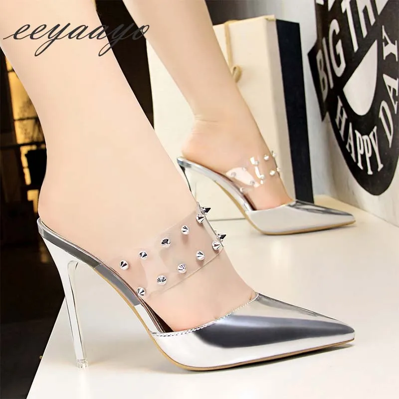 2019 New Summer Women Mules Slippers High Thin Heel Pointed Toe Metal Rivet Sexy Ladies Shoes Gold Outside Slides | Обувь