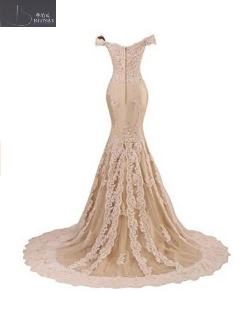 Винтажные свадебное платье с открытыми плечами Труба суд Поезд молния Назад