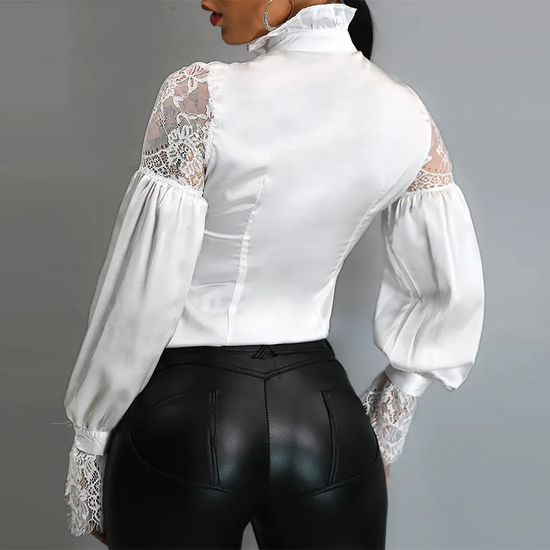 Белая блузка с кружевной вставкой для ресниц белая женская рукавом фонариком и