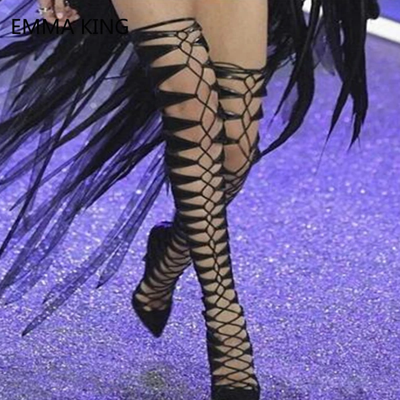 Модные черные ботфорты на шнуровке женская замшевая обувь каблуке пикантная